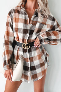 Just Being Myself Oversized Plaid Linen Shirt (Brown) - NanaMacs