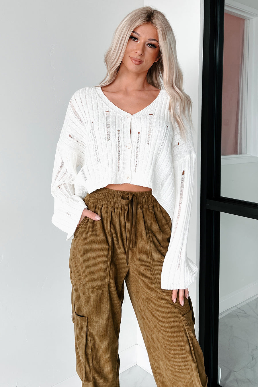 Edgy Answers Distressed Button-Up Cardigan/Top (Ivory)