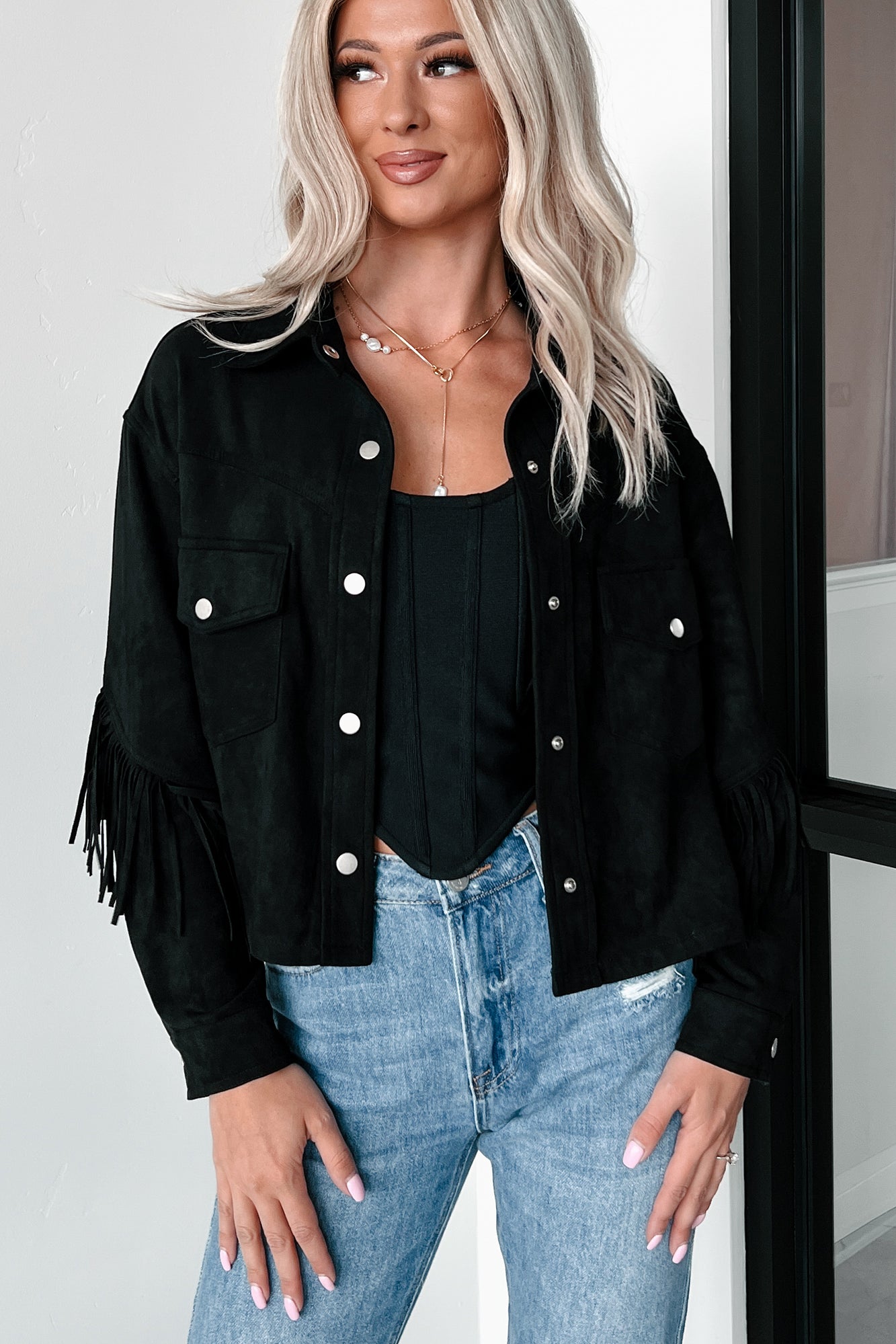 Chasing Cowboys Faux Suede Fringe Shacket (Ash Black) - NanaMacs