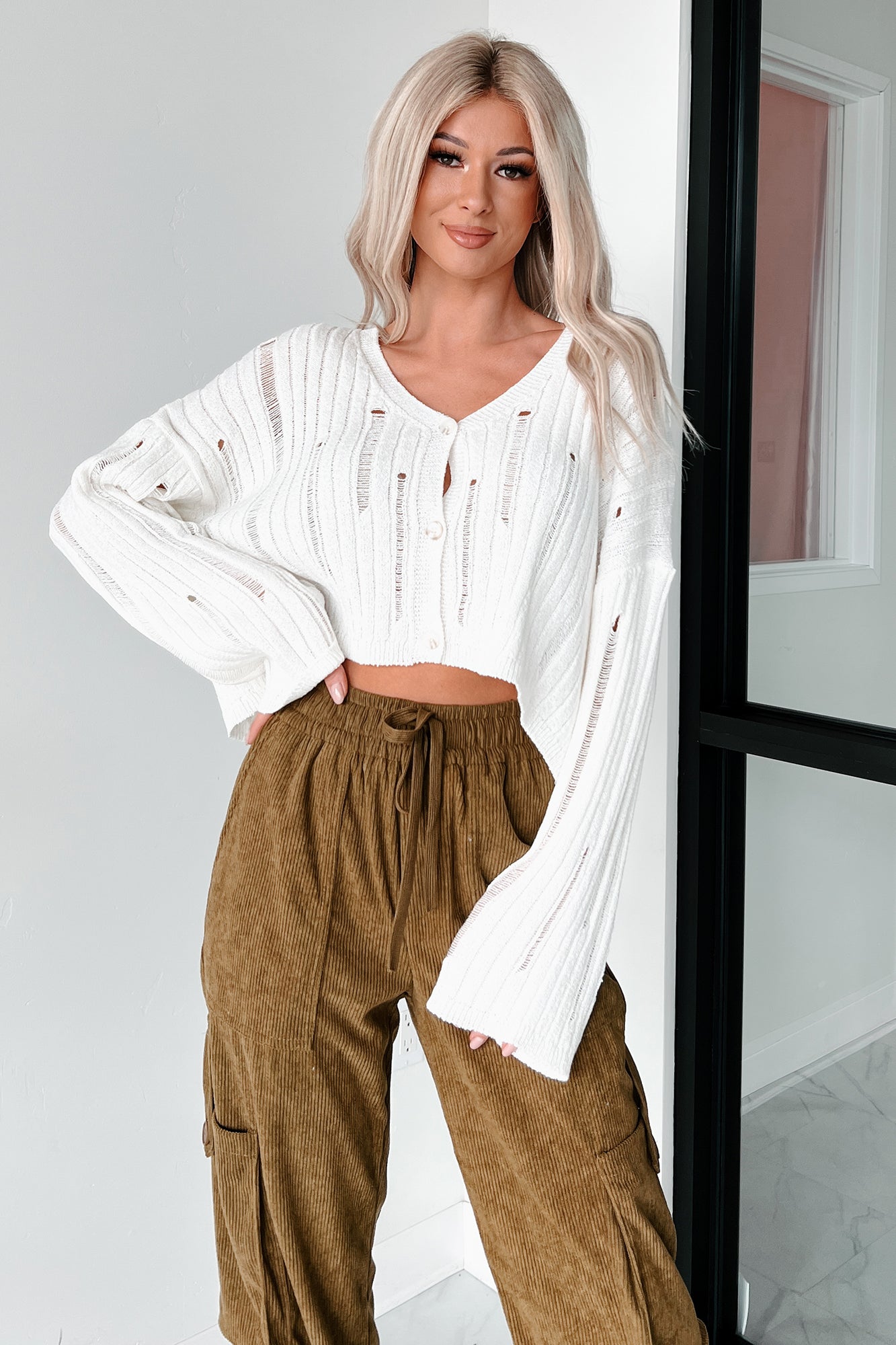 Edgy Answers Distressed Button-Up Cardigan/Top (Ivory)