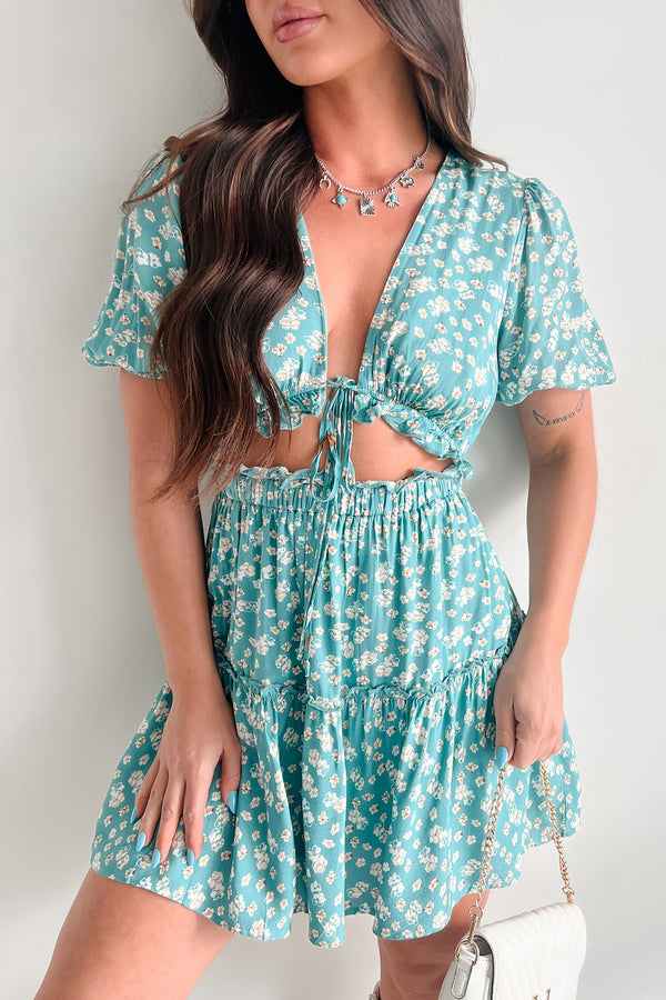 Off The Charts Floral Cut-Out Tie Mini Dress (Teal) - NanaMacs