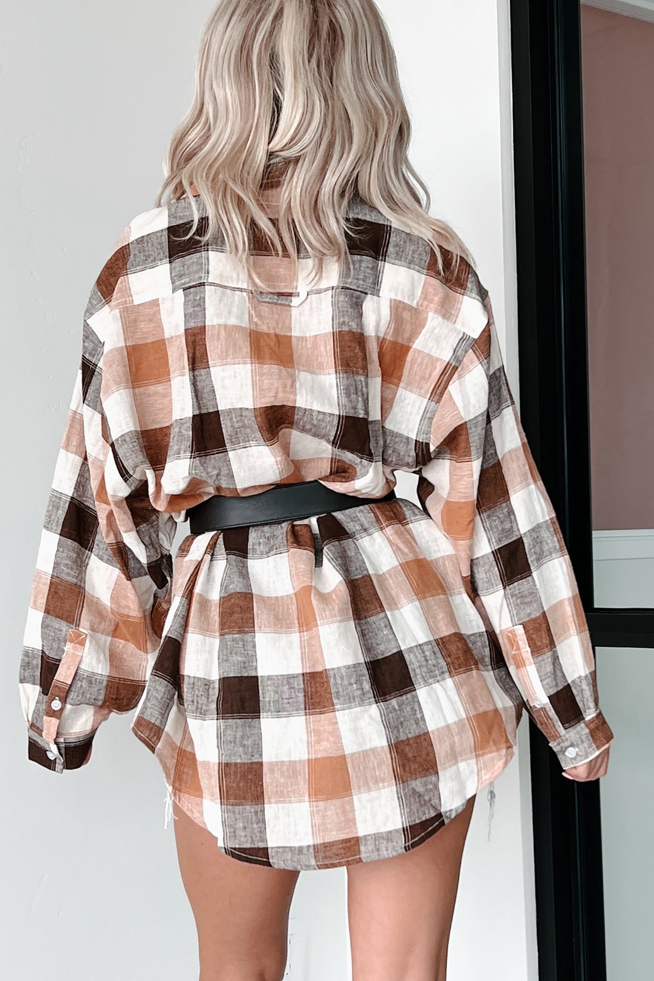 Just Being Myself Oversized Plaid Linen Shirt (Brown) - NanaMacs