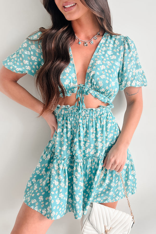 Off The Charts Floral Cut-Out Tie Mini Dress (Teal) - NanaMacs