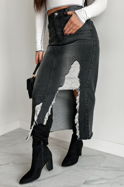 Over The Heartache Distressed Denim Midi Skirt (Black) - NanaMacs