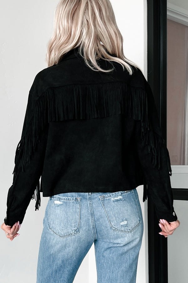 Chasing Cowboys Faux Suede Fringe Shacket (Ash Black) - NanaMacs