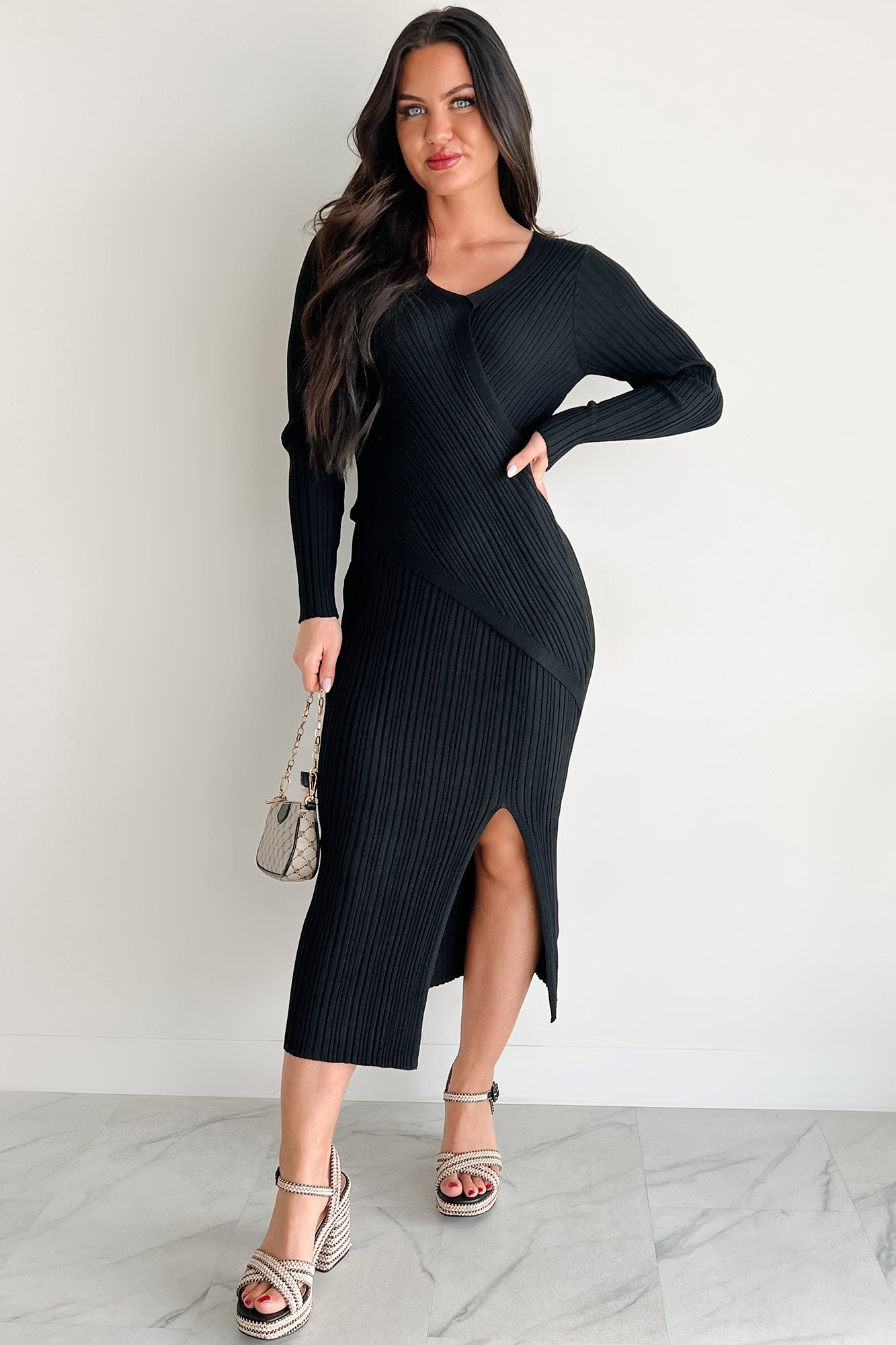 Sunday Brunch Ribbed Long Sleeve Maxi Dress (Black) - NanaMacs