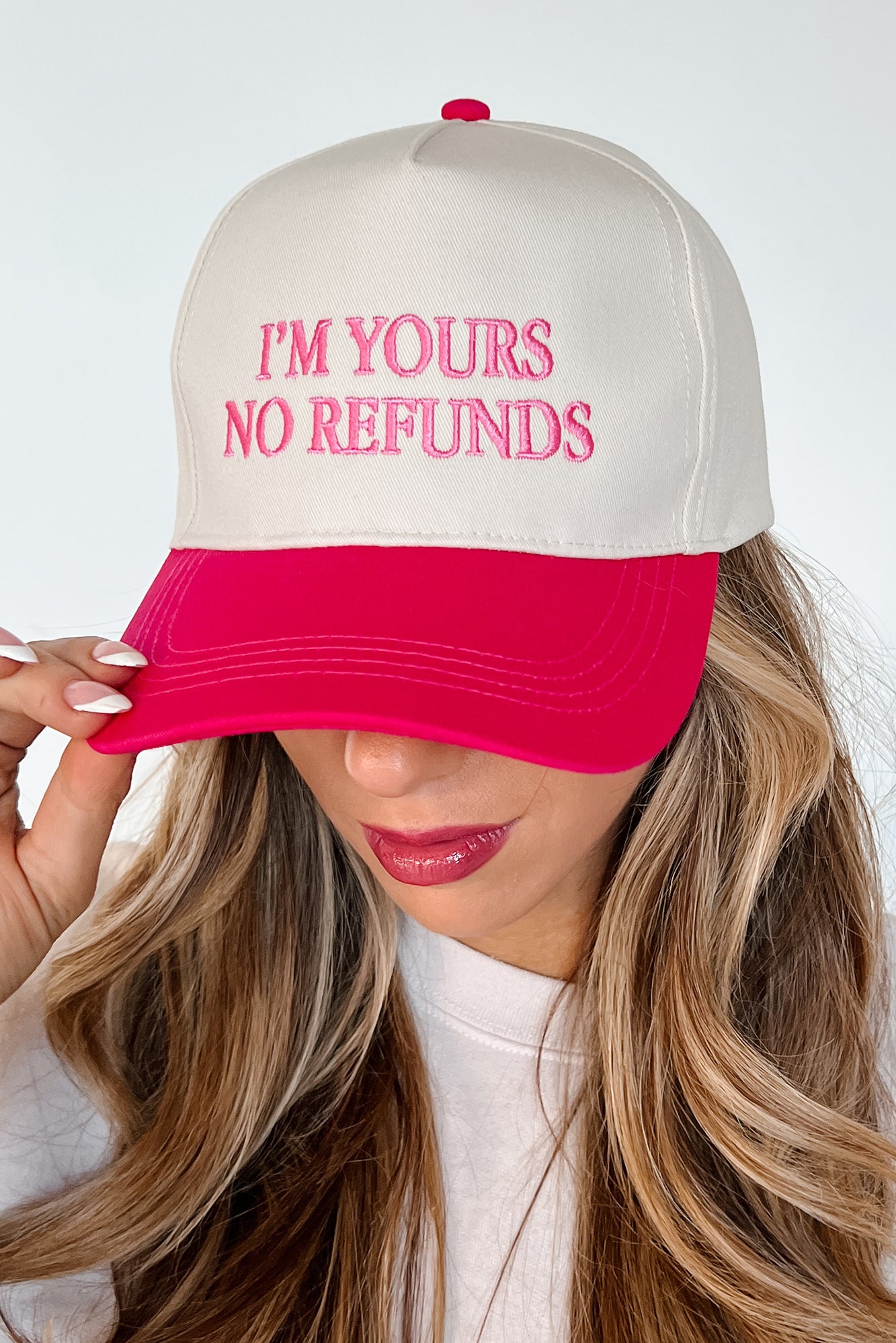 "I'm Yours No Refunds" Embroidered Baseball Cap (Hot Pink) - NanaMacs