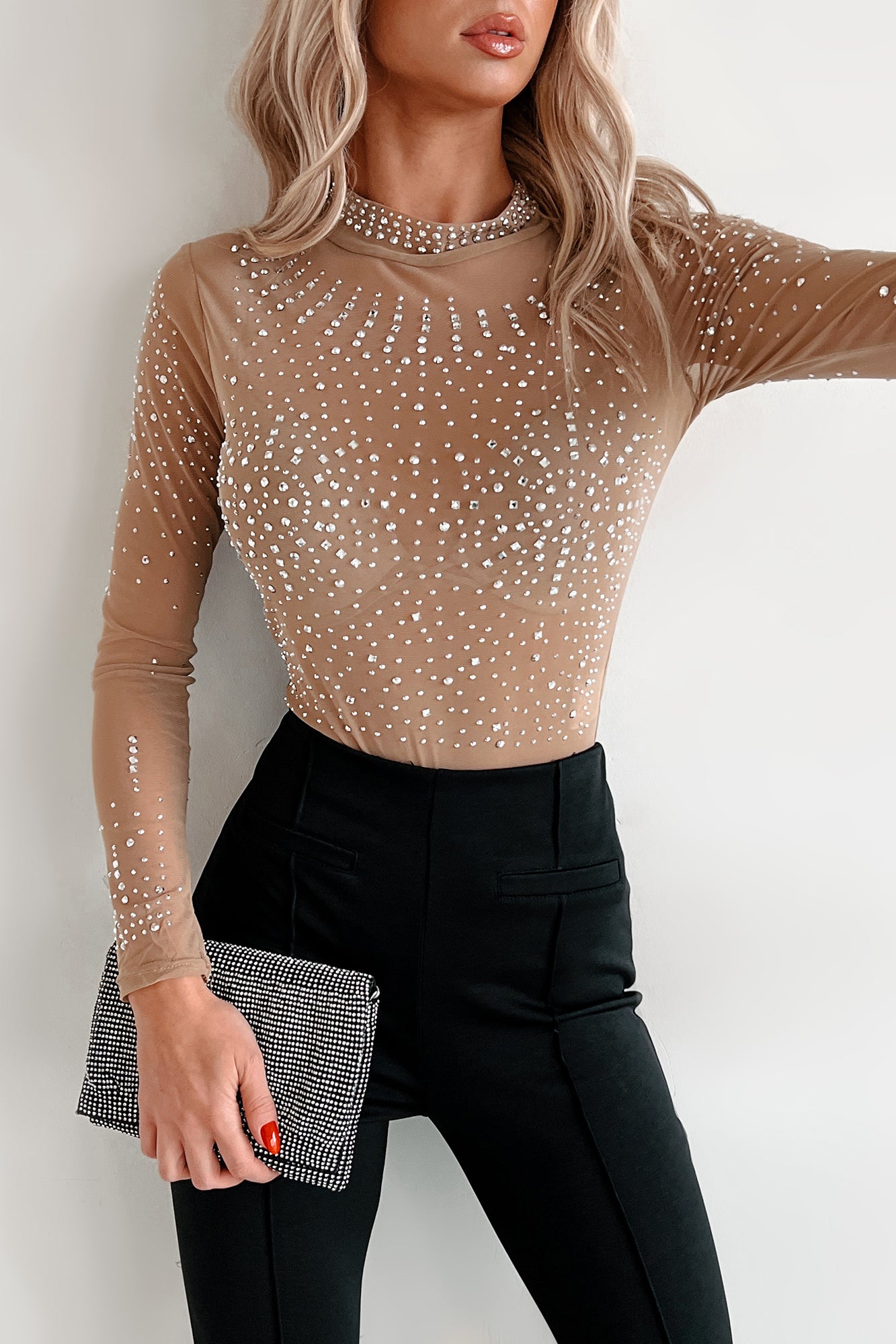 Straight To Stardom Rhinestone Mesh Bodysuit (Light Coffee) - NanaMacs