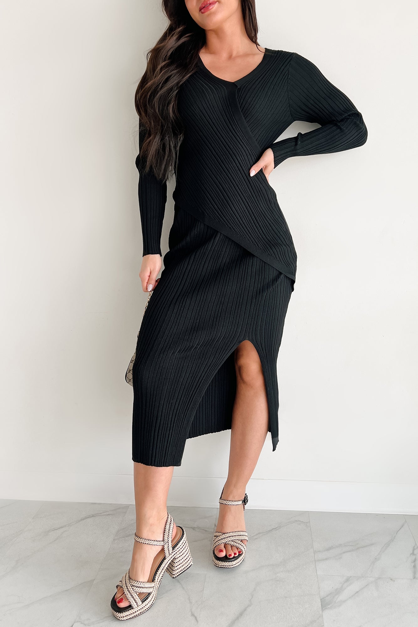 Sunday Brunch Ribbed Long Sleeve Maxi Dress (Black) - NanaMacs