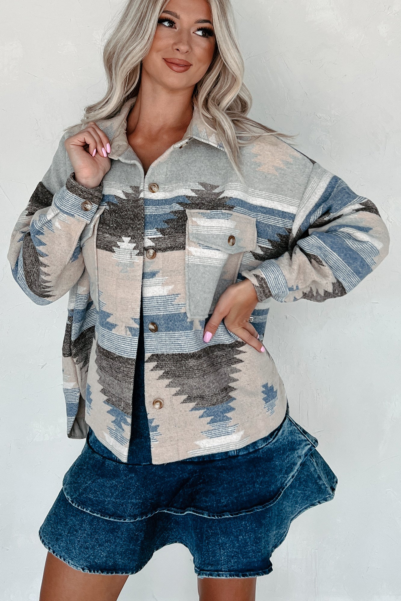 El Paso Evenings Aztec Print Shacket (Denim Multi) - NanaMacs