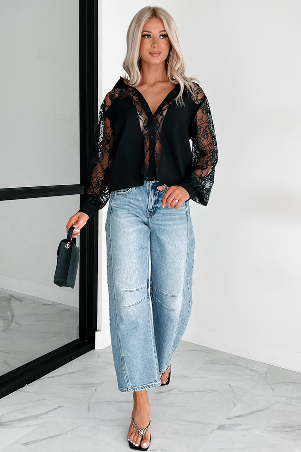 Slaying In Style Lace Blouse With Solid Contrast (Black) - NanaMacs