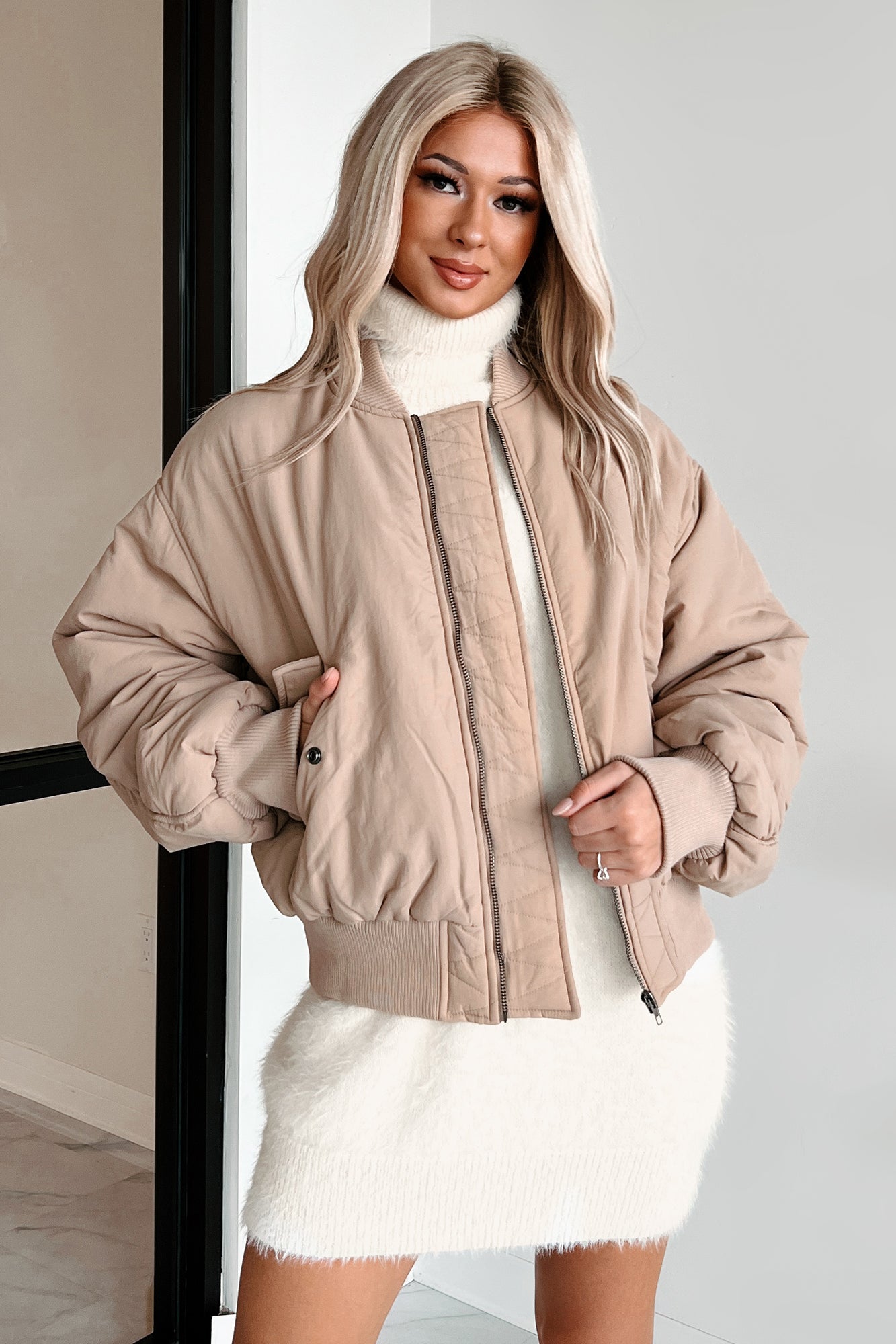 Cool Girl Energy Oversized Bomber Jacket (Beige)