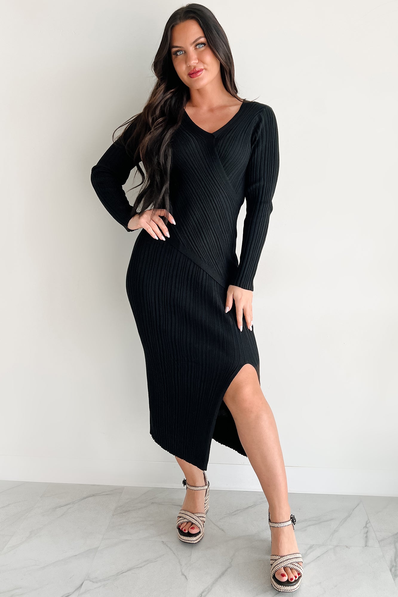 Sunday Brunch Ribbed Long Sleeve Maxi Dress (Black) - NanaMacs