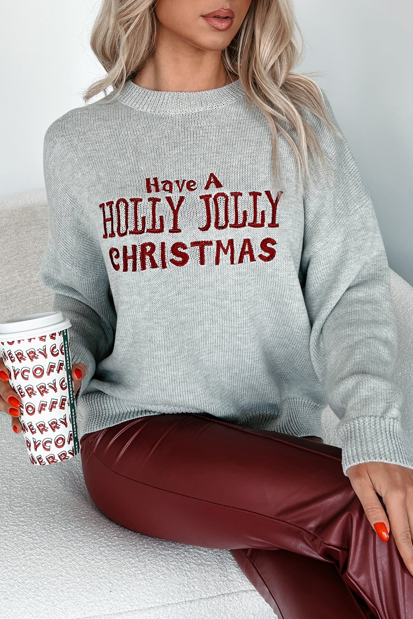 Christmas Greetings Embroidered Holiday Sweater (Heather Grey) - NanaMacs