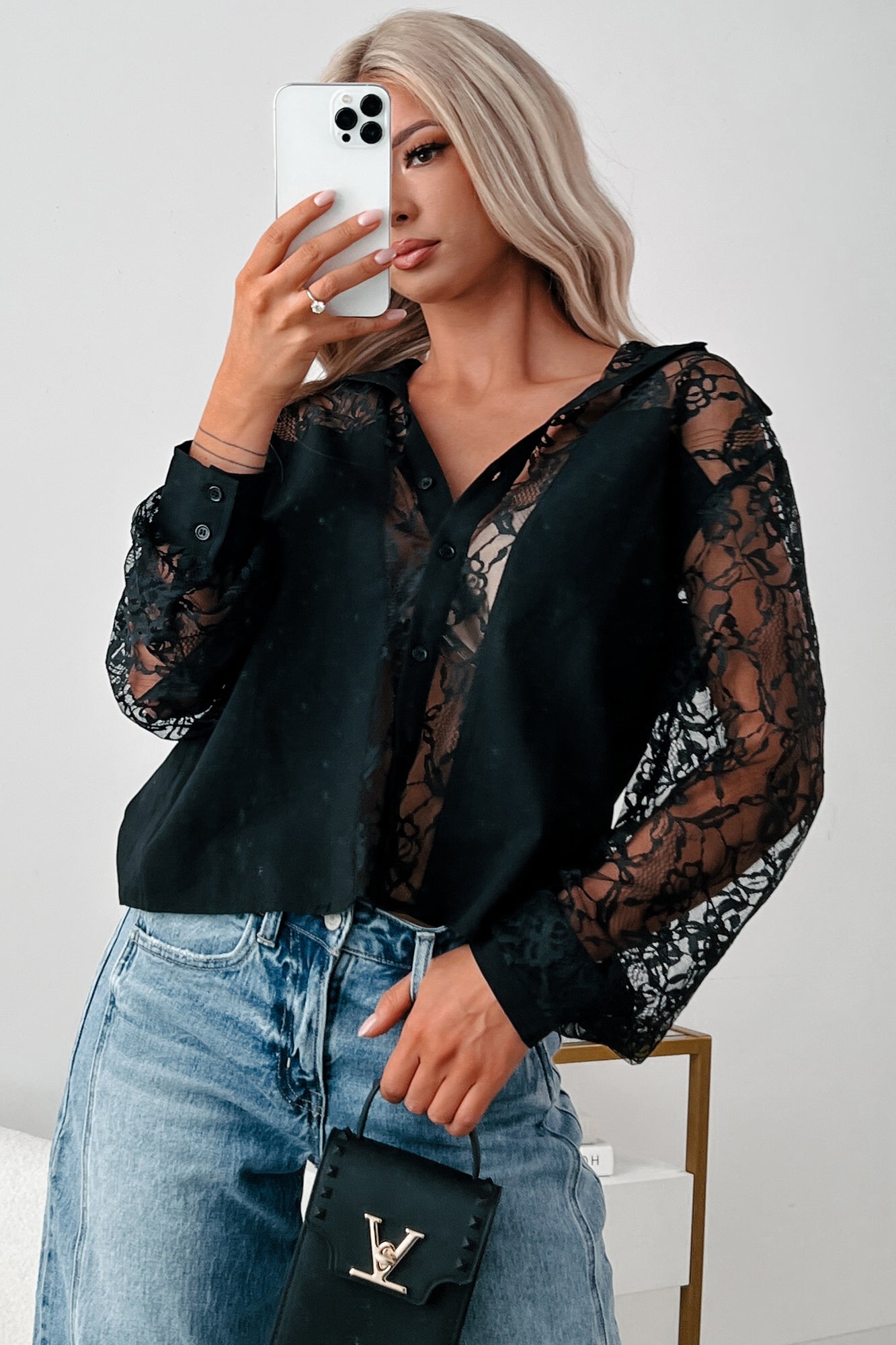 Slaying In Style Lace Blouse With Solid Contrast (Black) - NanaMacs