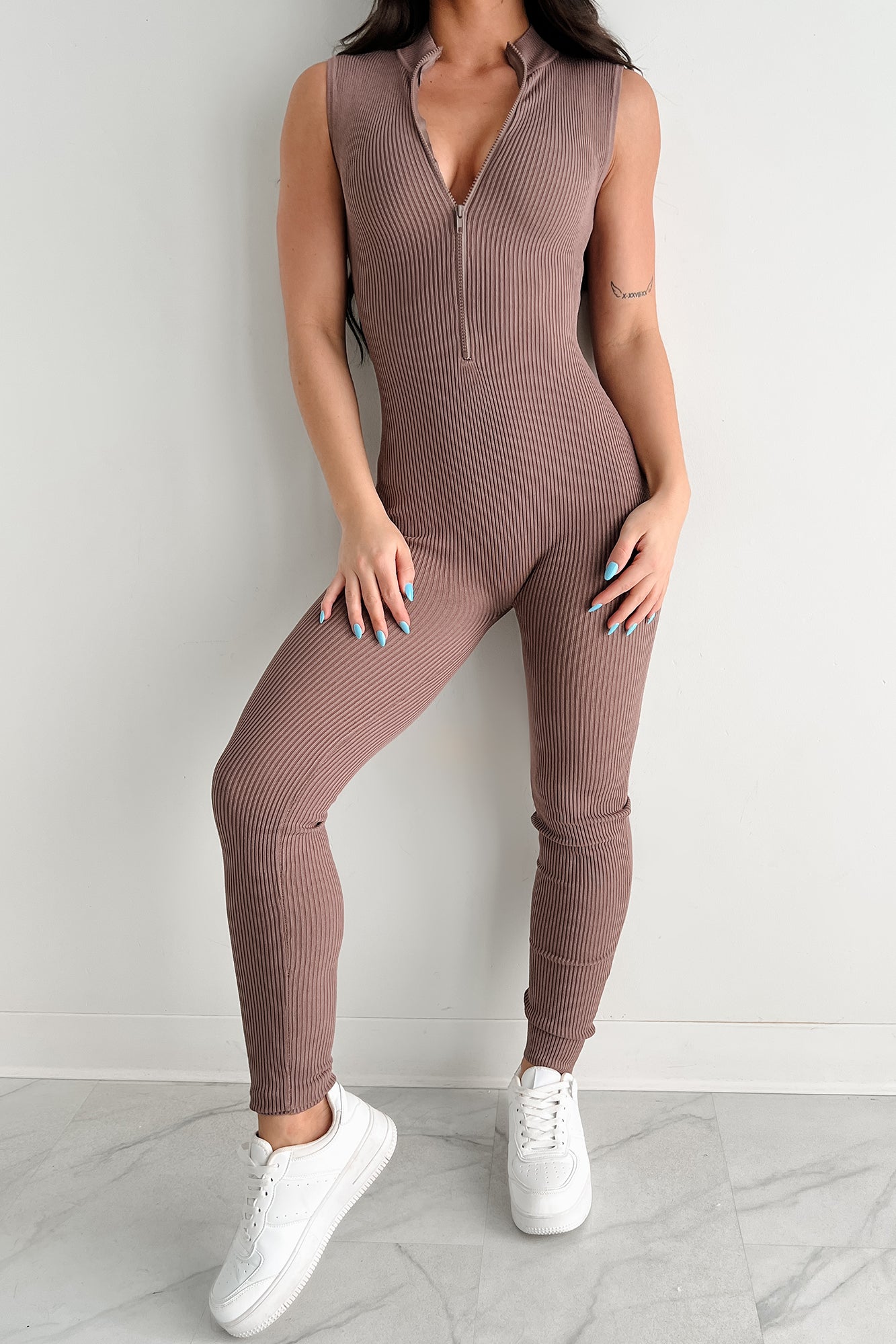 Luck Of The Draw Ribbed Half Zip Jumpsuit (Dark Taupe) - NanaMacs