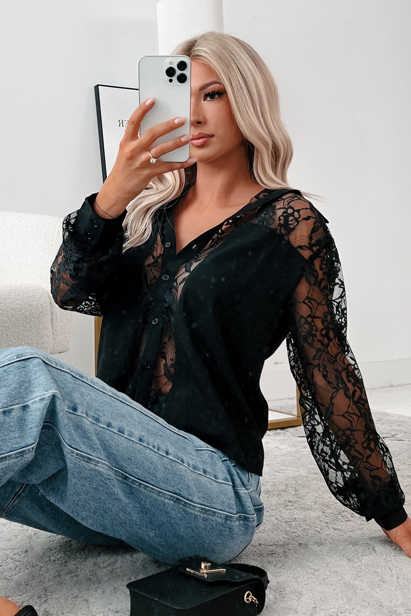 Slaying In Style Lace Blouse With Solid Contrast (Black) - NanaMacs