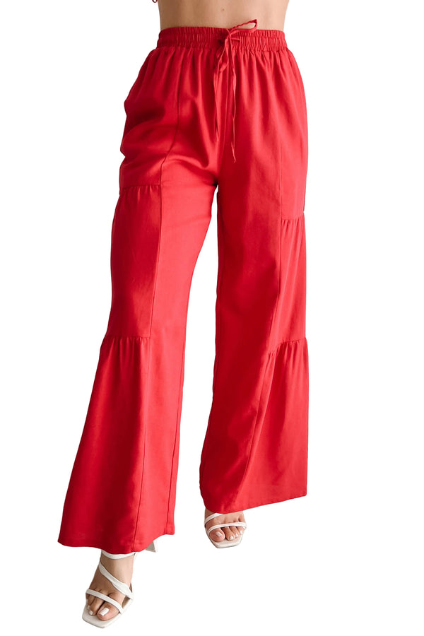 Real Karma Tiered Linen Pants (Red) - NanaMacs