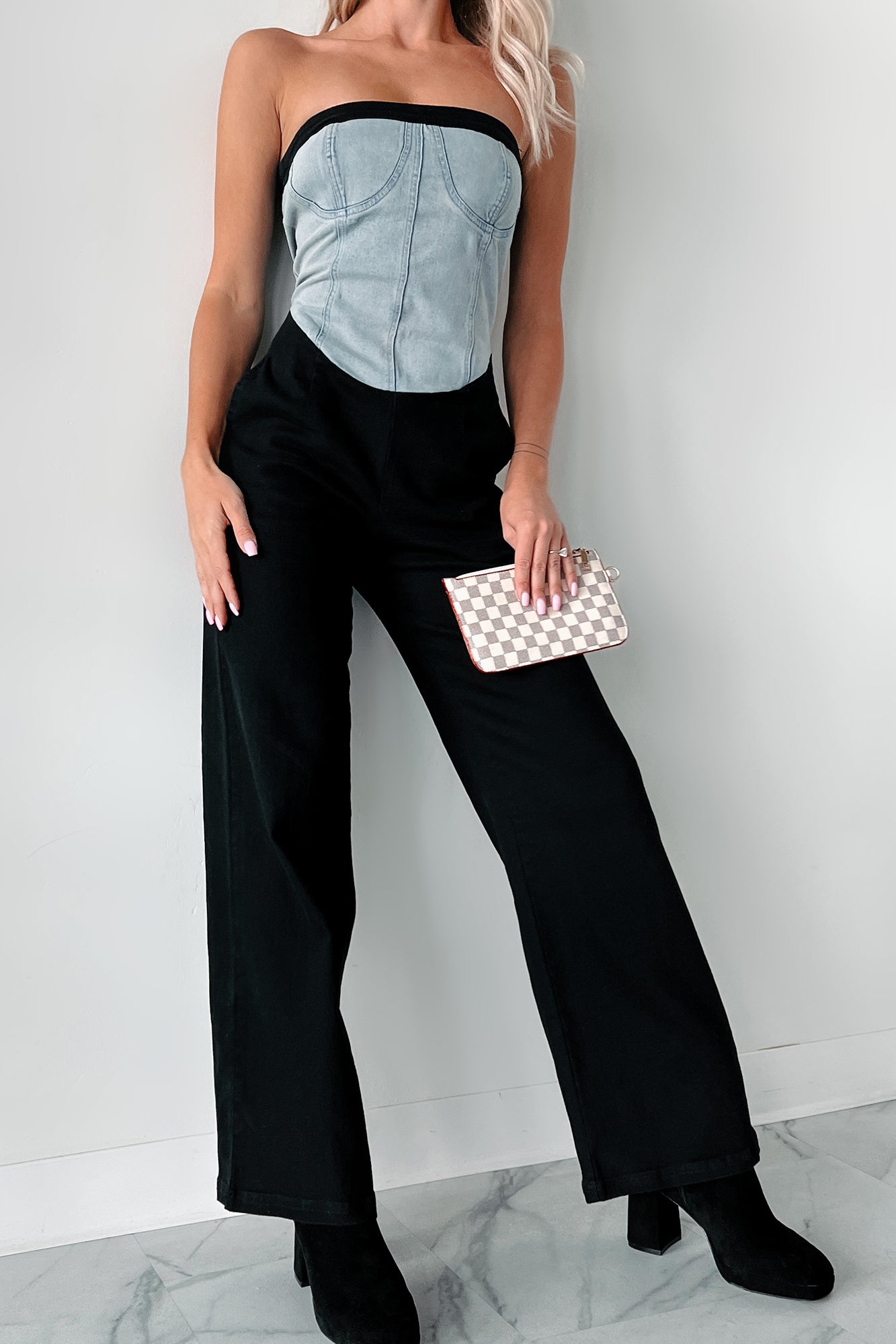 Blocking The Haters Denim Contrast Jumpsuit (Black/Denim) - NanaMacs