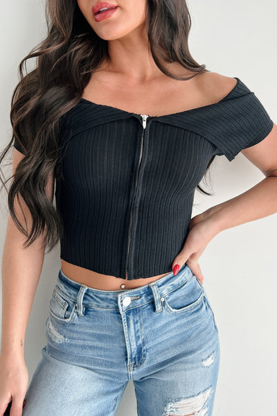 Relaxed Yet Refined Off Shoulder Zip-Up Top (Black) - NanaMacs