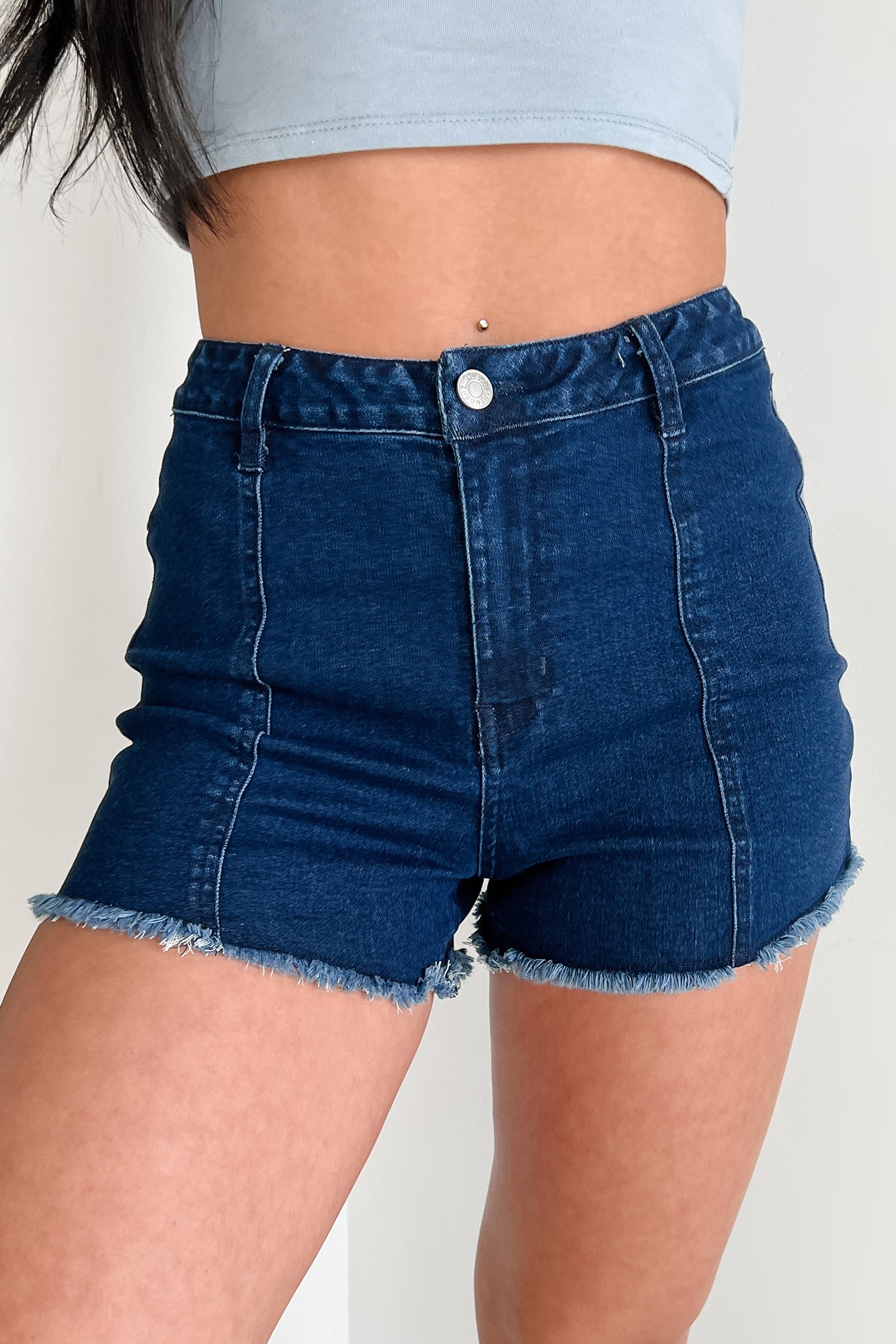 Act Confident Star Detailed Denim Shorts (Dark Denim/Tan) - NanaMacs