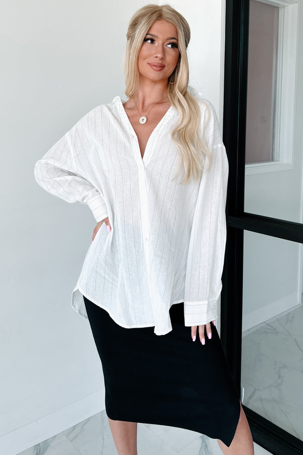 Upscale Style Oversized Button-Down Shirt (White/Black) - NanaMacs