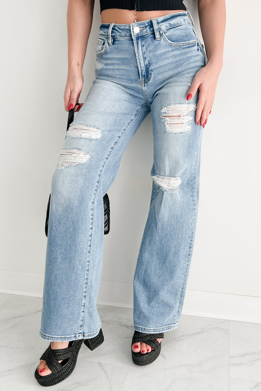 Desirae High Rise Wide Leg Risen Jeans (Light) - NanaMacs