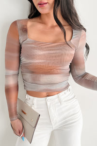 Unbreakable Charm Side Ruched Mesh Top (Brown/Blue Sepia) - NanaMacs