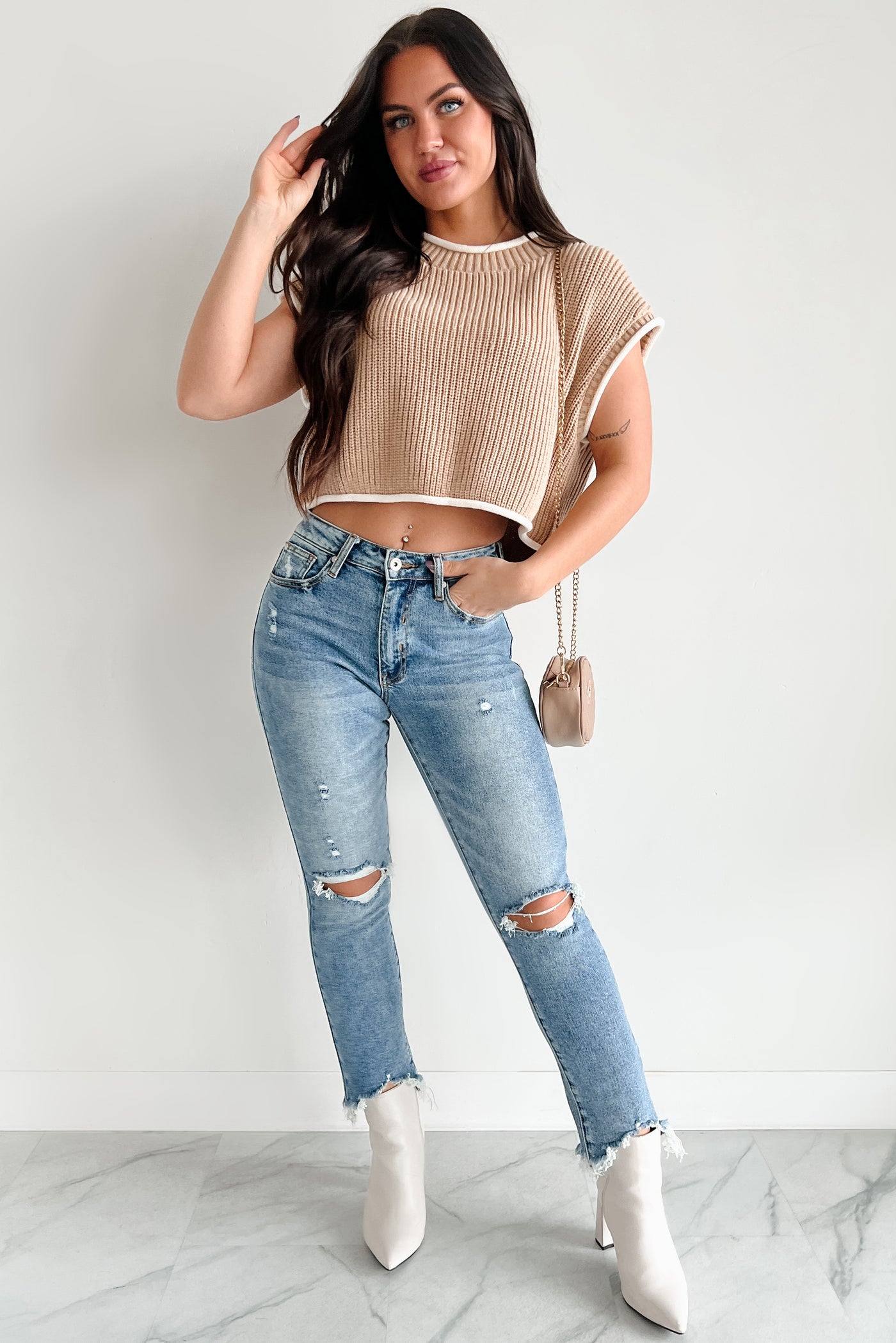 Savoring The Present Contrast Trim Crop Sweater (Tan) - NanaMacs