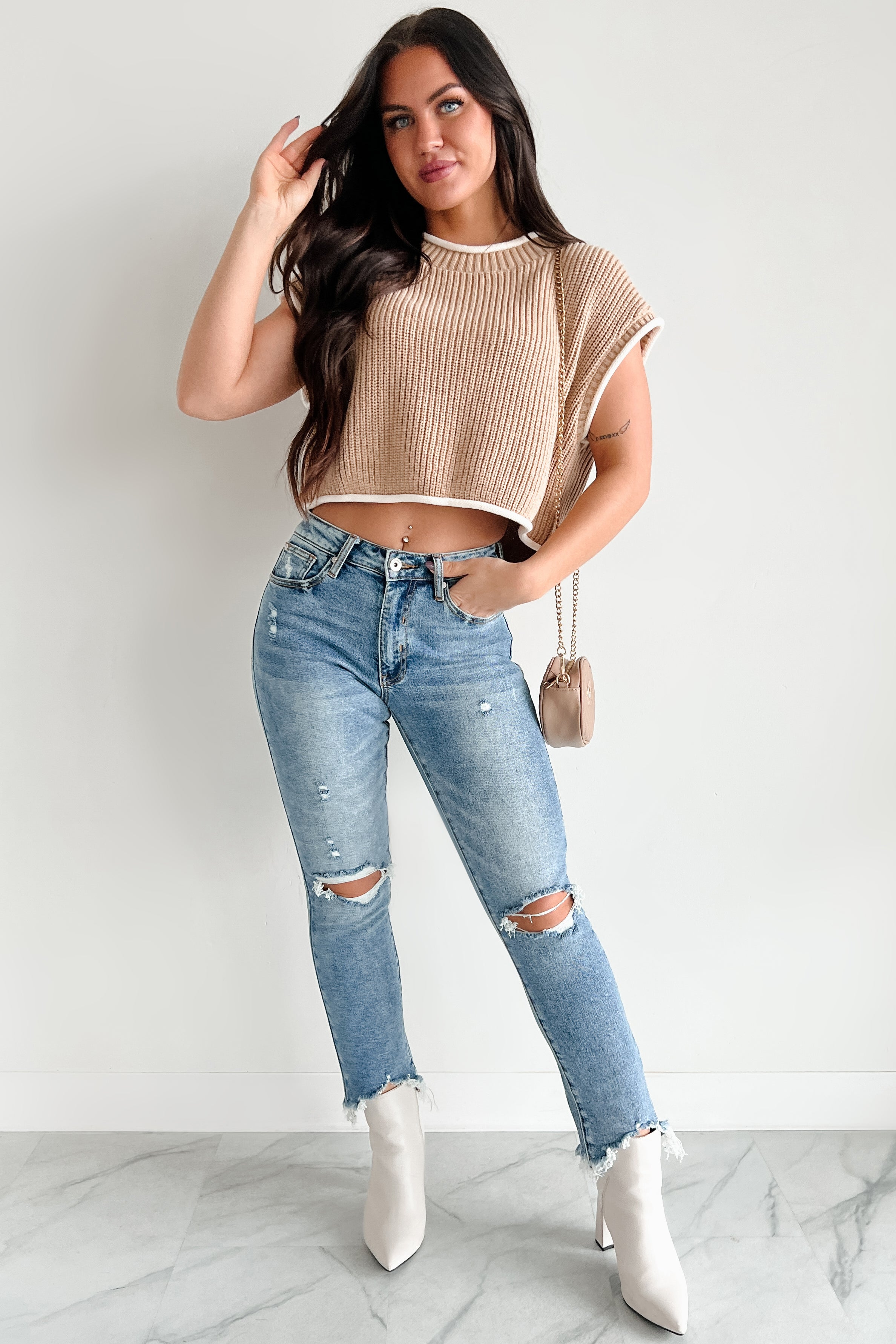 Savoring The Present Contrast Trim Crop Sweater (Tan) - NanaMacs