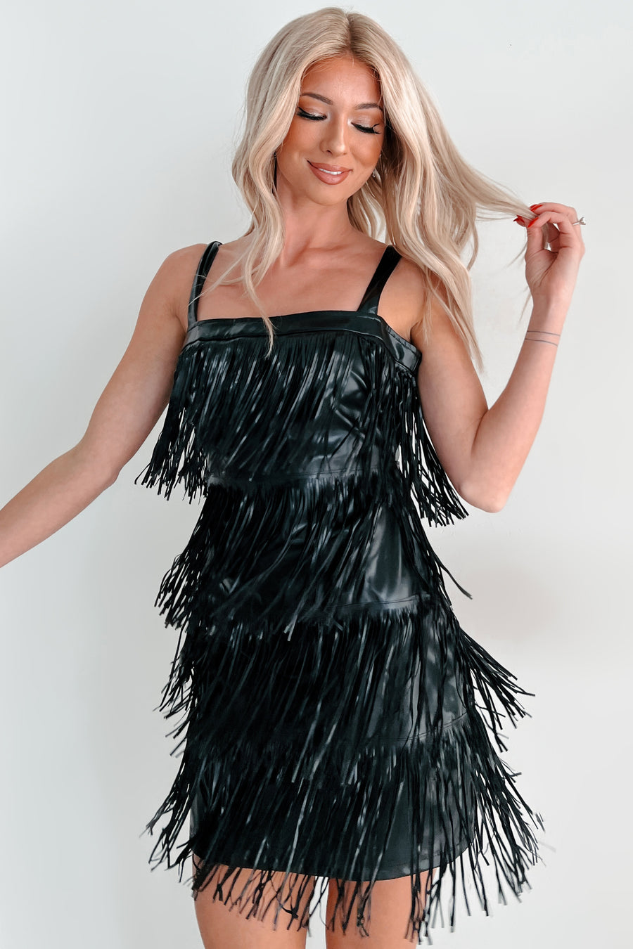 Edgy Excellence Faux Leather Fringe Dress (Black) - NanaMacs