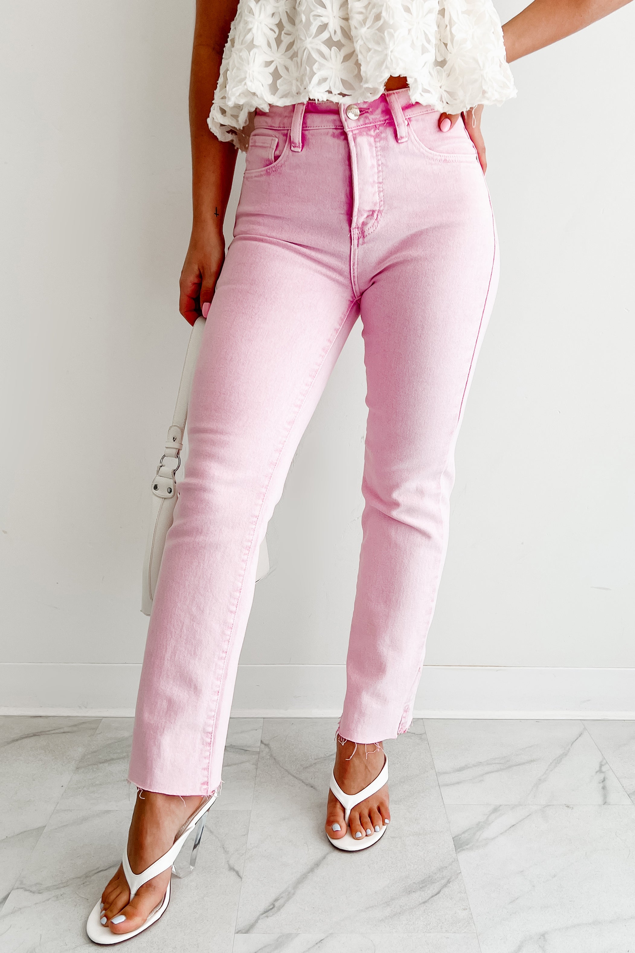 【M】eL Highrise Straight Denim Pants Pink Seven 7 Women's High Rise Slim Straight Jean (Pink, 16