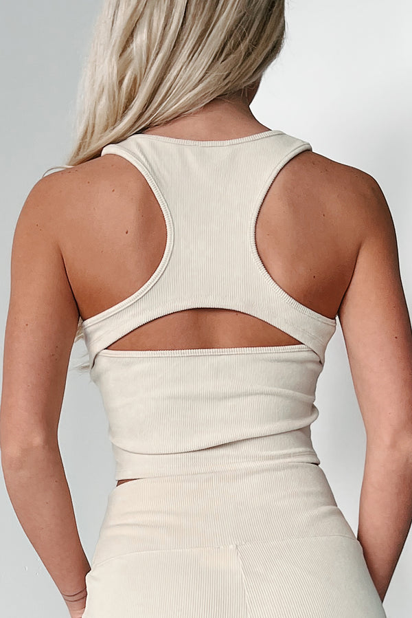 Kiara Zip-Front Cut-Out Back Crop Tank (Cream) - NanaMacs