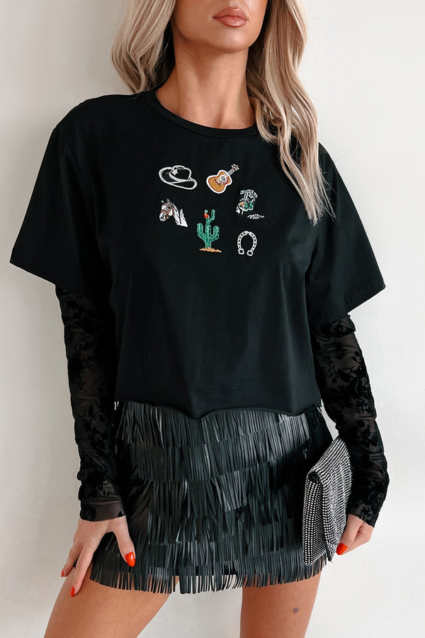 Ain't She Something Velvet Sleeve Western Tee (Black) - NanaMacs