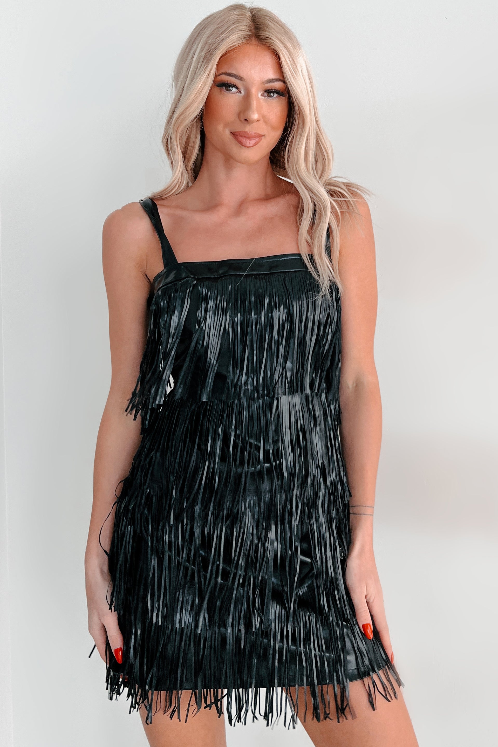 Edgy Excellence Faux Leather Fringe Dress (Black) · NanaMacs