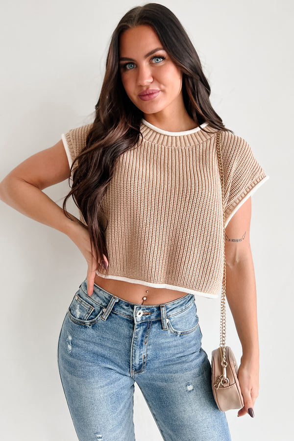 Savoring The Present Contrast Trim Crop Sweater (Tan) - NanaMacs