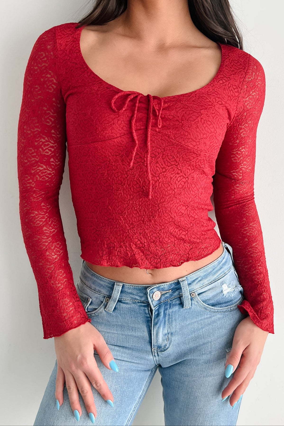 Laced In Love Cinched Lace Long Sleeve Top (Deep Red) - NanaMacs