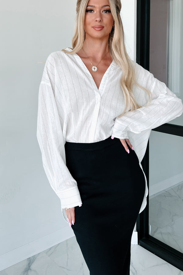 Upscale Style Oversized Button-Down Shirt (White/Black) - NanaMacs