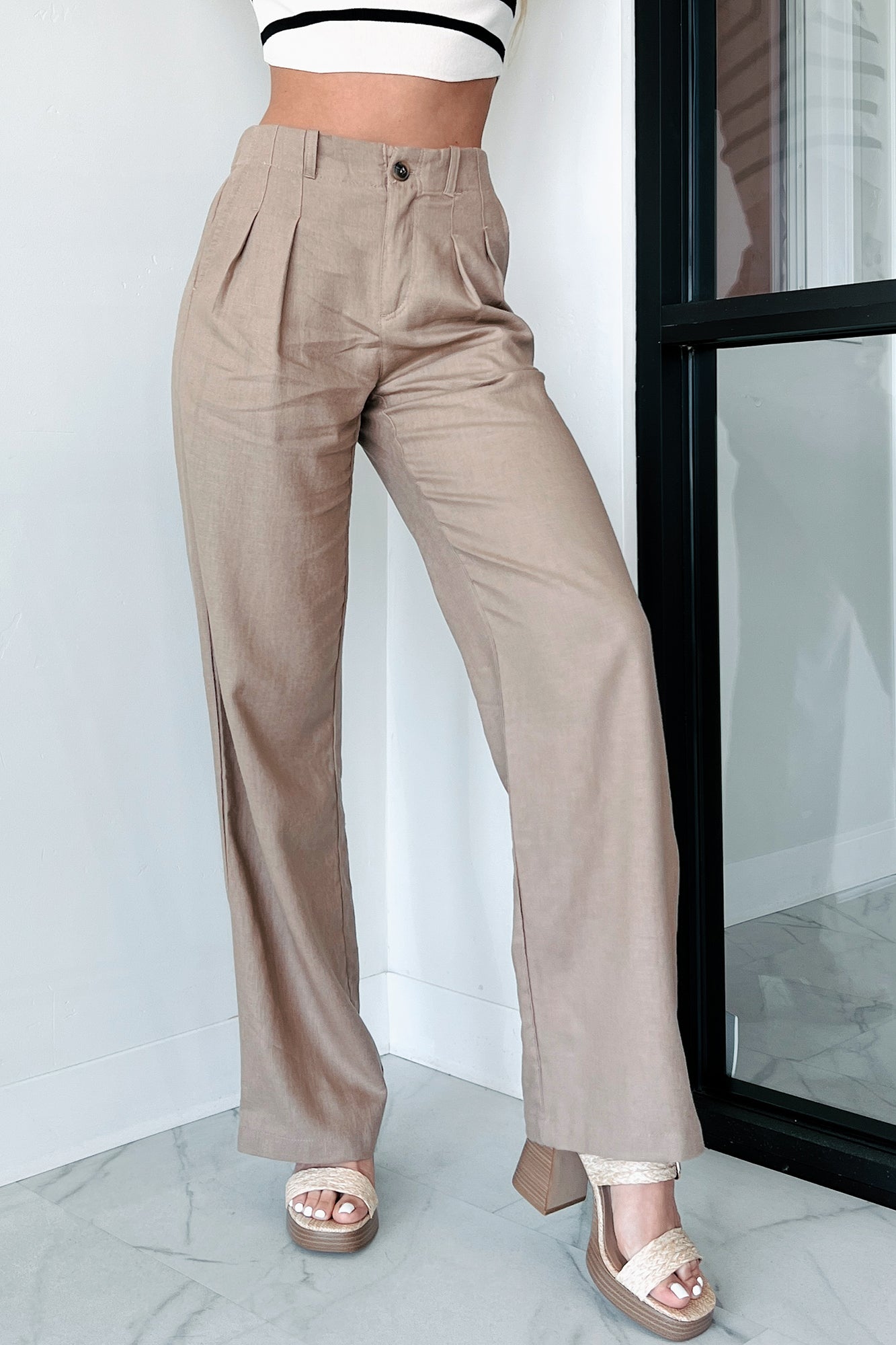 Brunch In Nantucket Linen Wide Leg Pant (Taupe) - NanaMacs