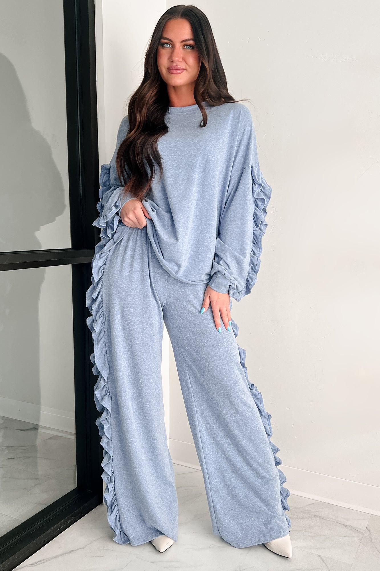 Living In My Own Lane Two Piece Ruffle Lounge Set (Blue) - NanaMacs