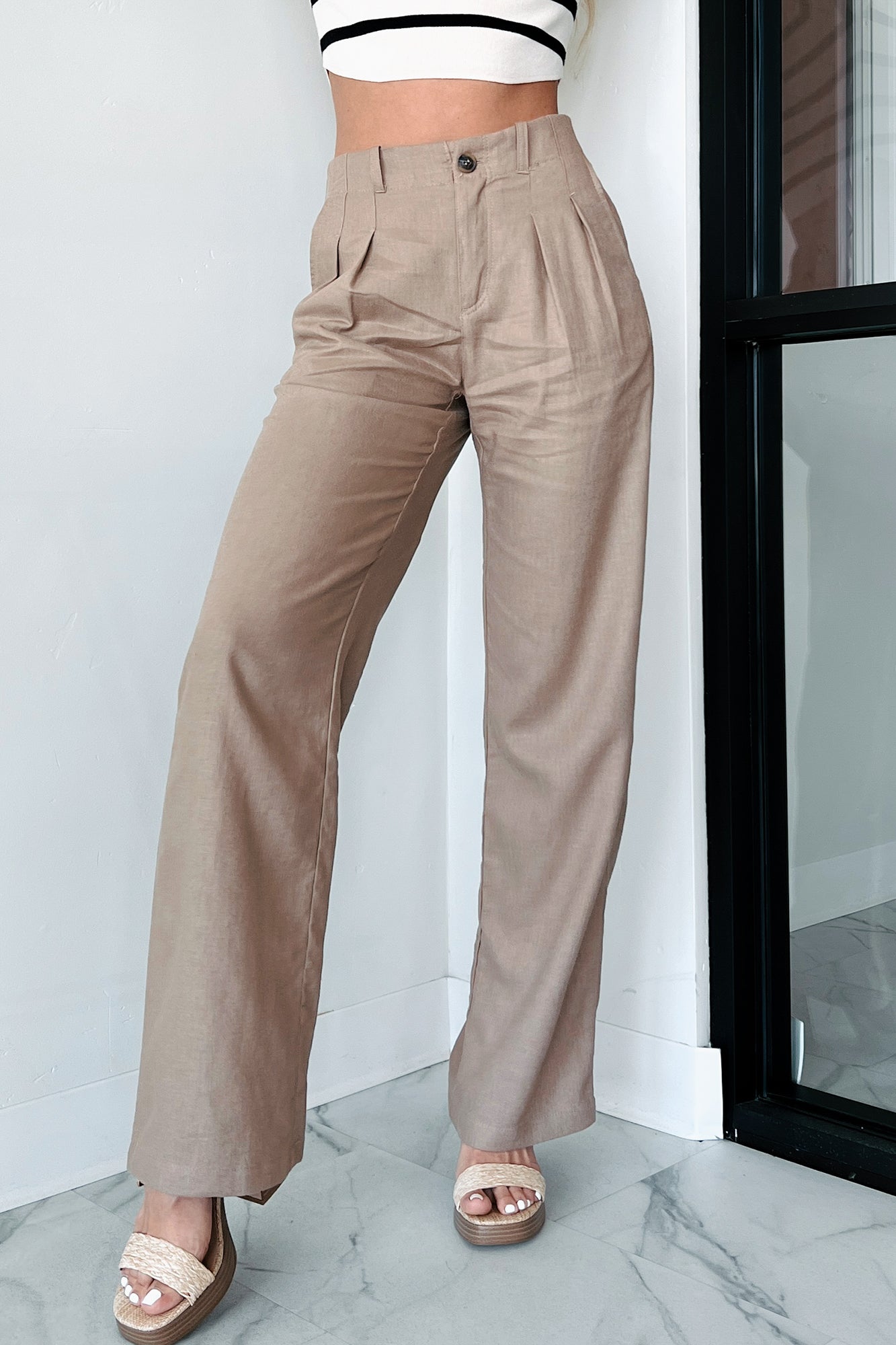 Brunch In Nantucket Linen Wide Leg Pant (Taupe) - NanaMacs