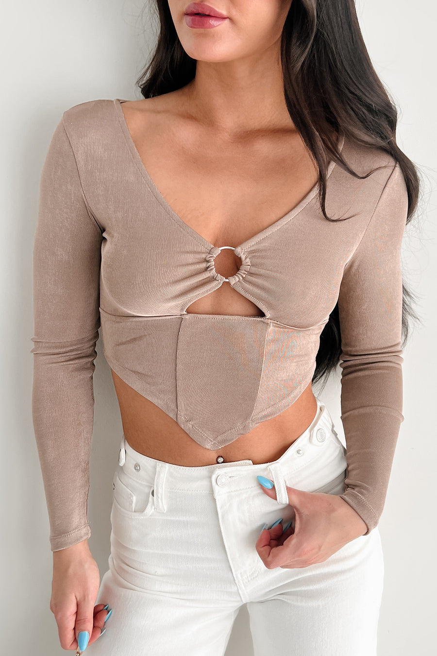 Enchanted Illusion Cut Out Long Sleeve Top (Soft Mocha) - NanaMacs