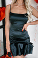 VIP Situation Ruffled Hem Satin Mini Dress (Black) - NanaMacs