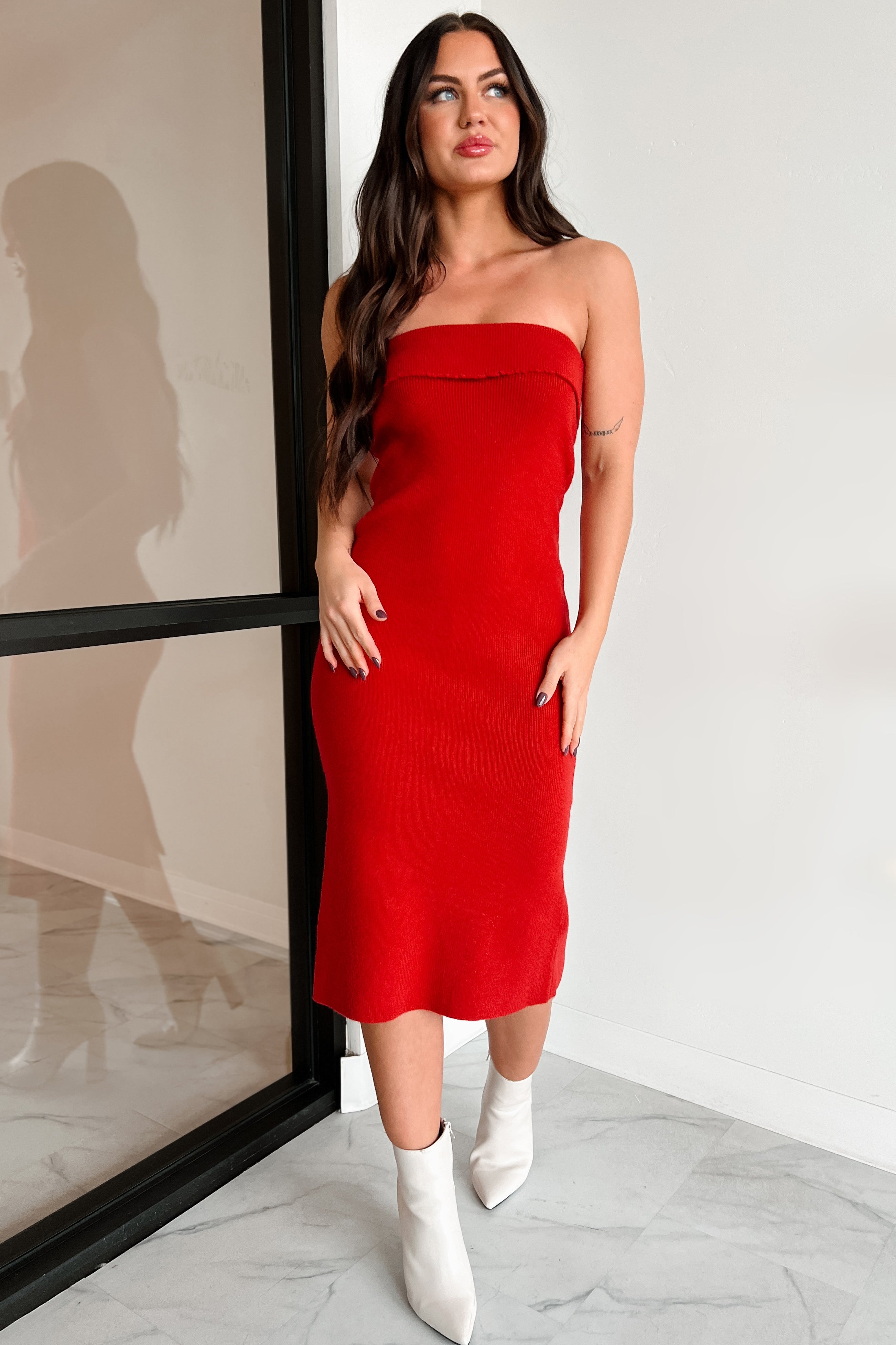 My Alter Ego Strapless Sweater Midi Dress (Red) - NanaMacs