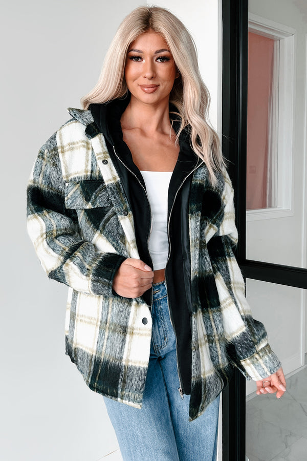 Casual Meet-Ups Oversized Plaid Hooded Jacket (Black/Green) - NanaMacs