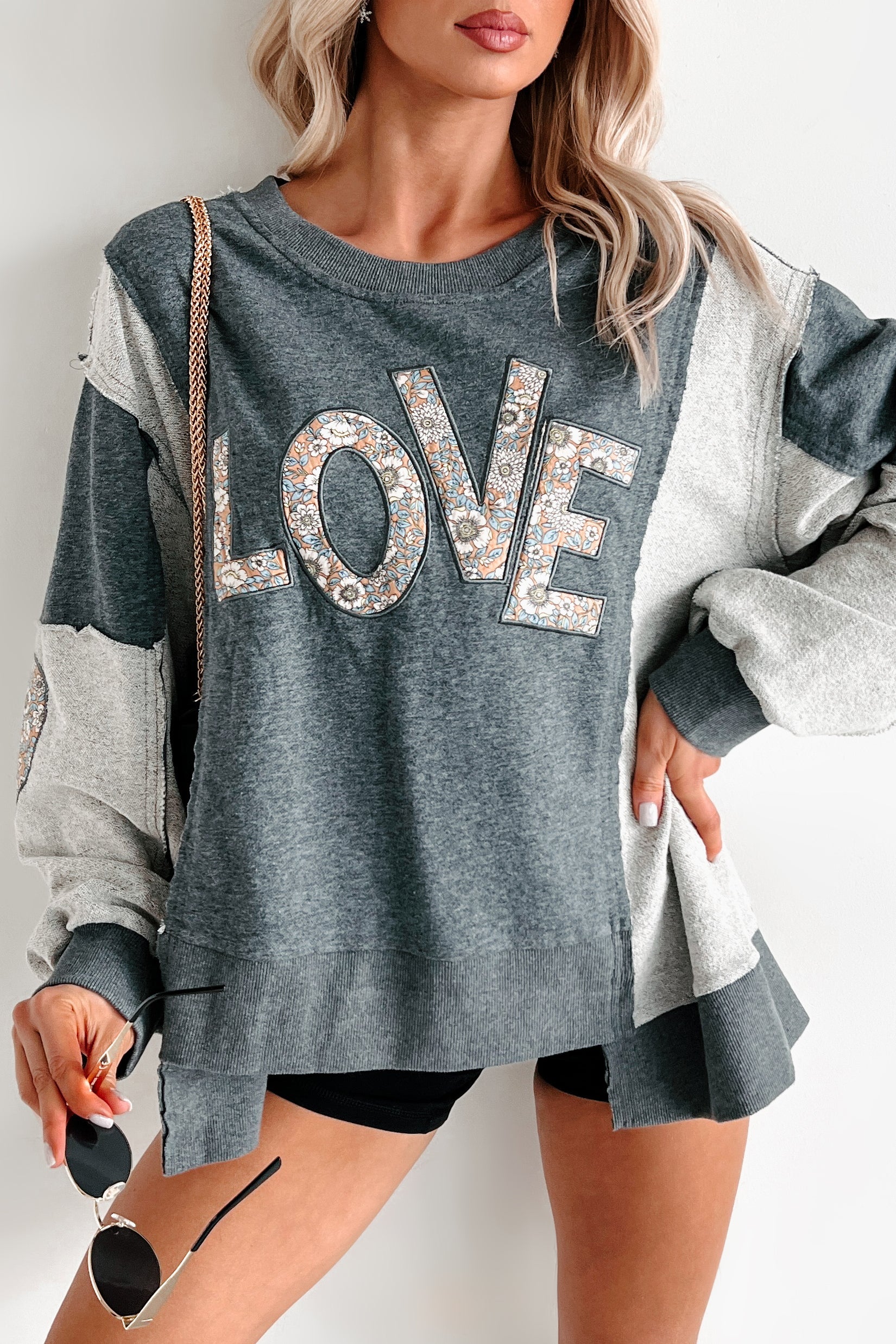 Those Are My Feelings Oversized Patchwork Top (Heather Grey) - NanaMacs