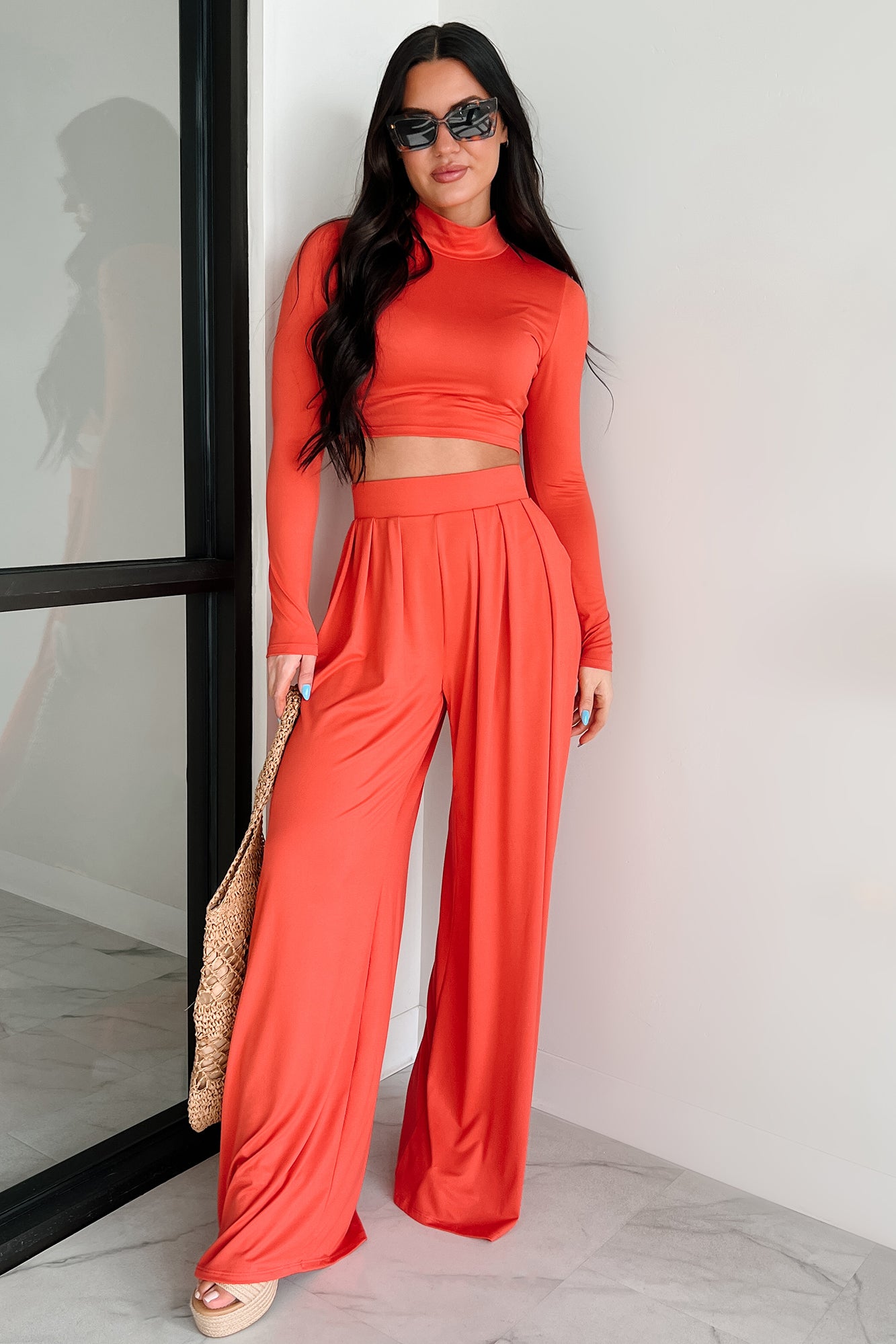 Faded Dreams Long Sleeve Crop Top Pant Set (Dark Coral) · NanaMacs