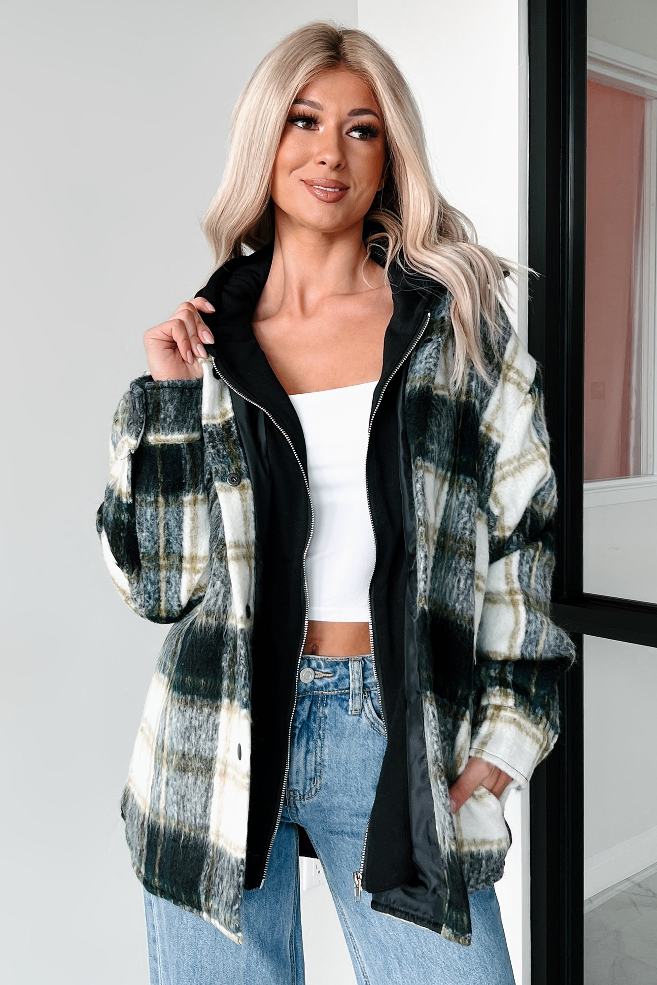 Casual Meet-Ups Oversized Plaid Hooded Jacket (Black/Green)