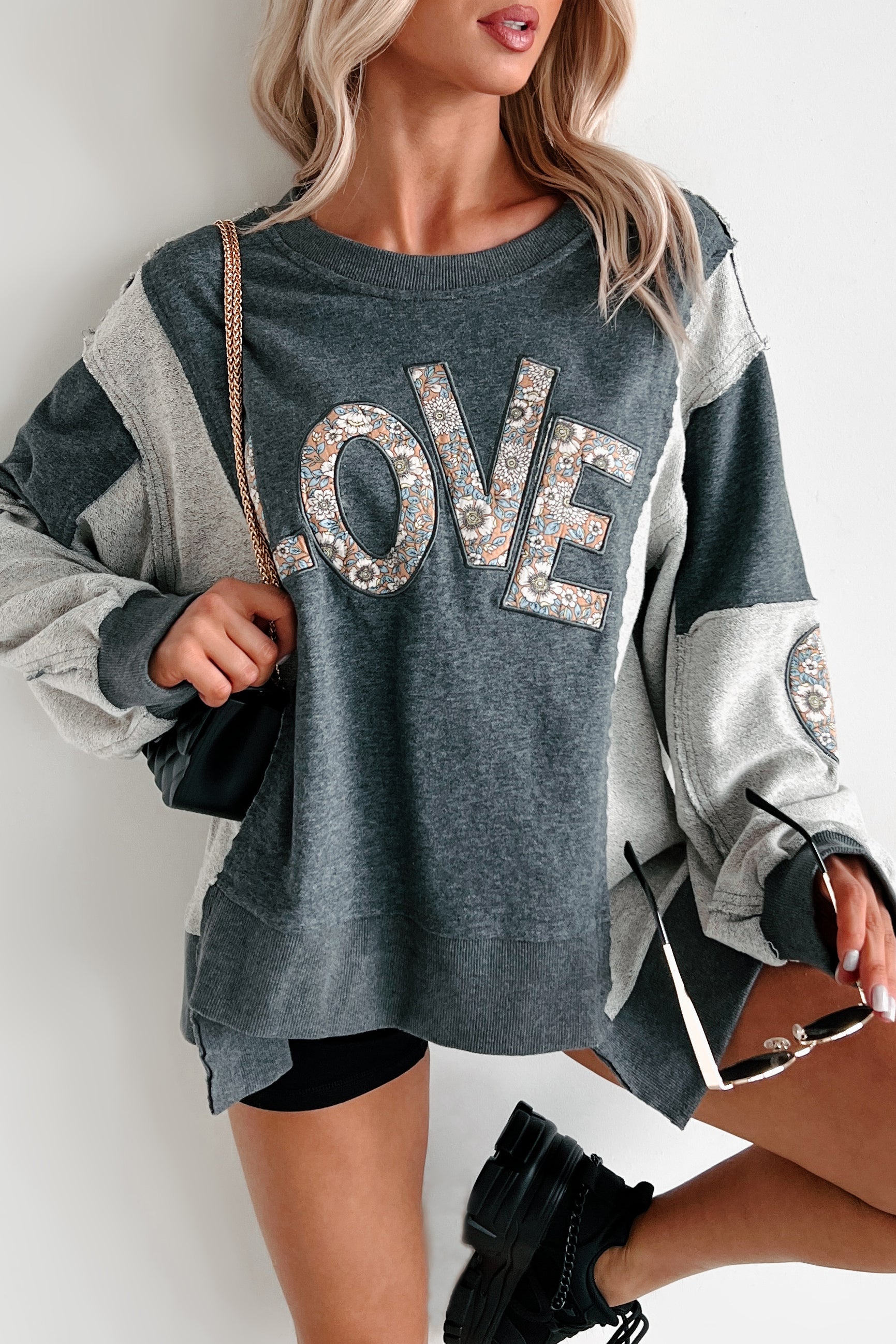 Those Are My Feelings Oversized Patchwork Top (Heather Grey) - NanaMacs