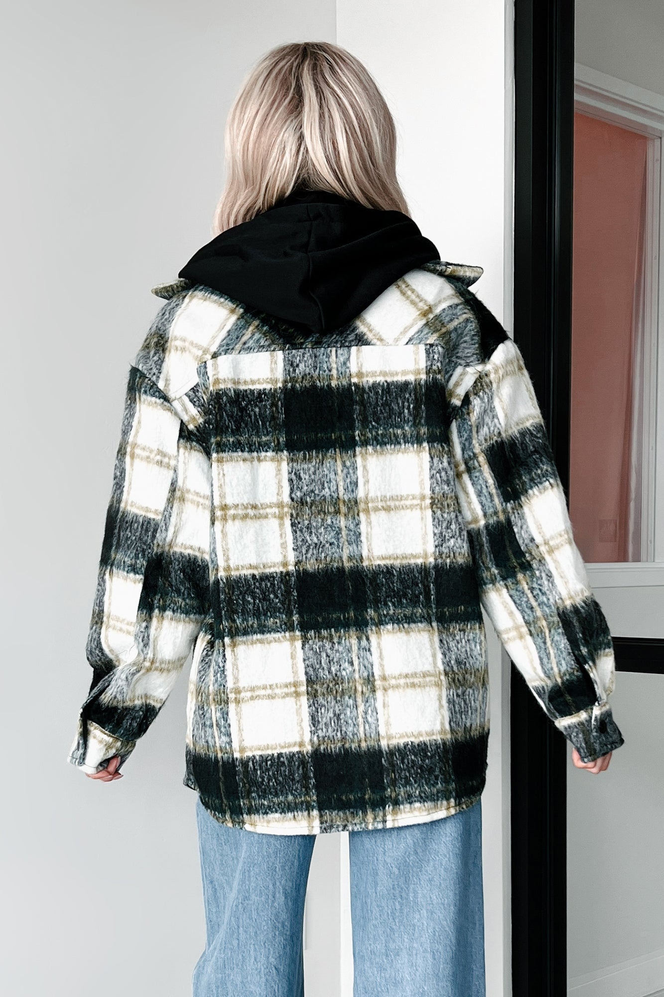 Casual Meet-Ups Oversized Plaid Hooded Jacket (Black/Green)